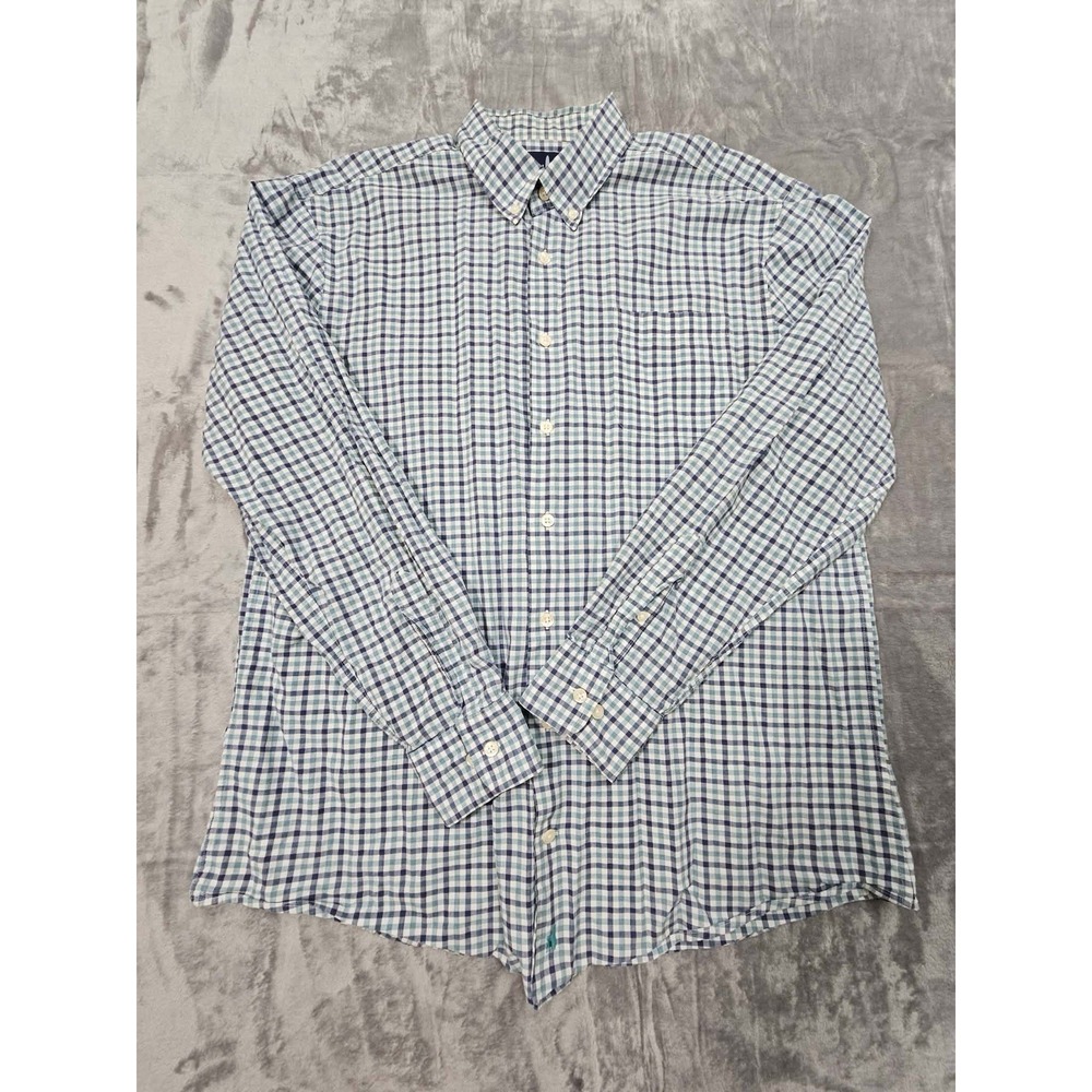 Johnnie-O Long Sleeve Blue Plaid Button Down 100% Cotton Dress Shirt Men's Large